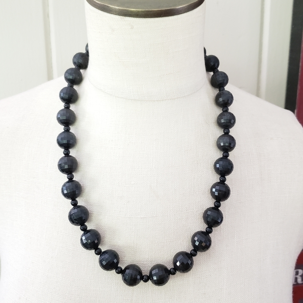 Black statement necklace faceted beads. Versatile. Classic